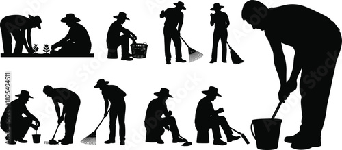 Black vector silhouettes of gardeners working with tools, men planting crops and cleaning with rakes, agricultural labor concept, isolated illustration.