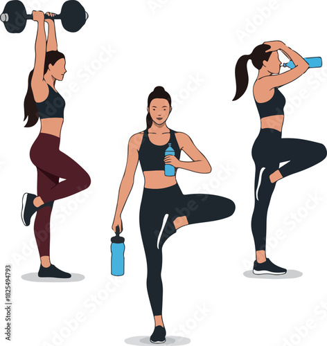 Women Fitness Poses With Weights And Water Bottles Simple Flat Illustration
