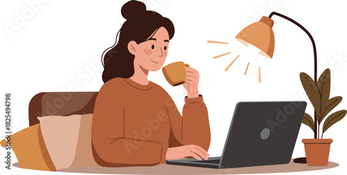 Woman Working On Laptop Drinking Coffee Under Desk Lamp Cozy Indoor