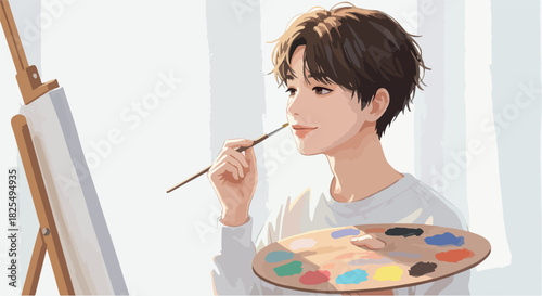 Young Artist Paints with Colorful Palette in Bright Studio