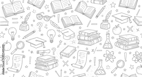 A detailed illustration showcases various academic elements, including books, magnifying glasses, and graduation caps, creating a seamless pattern for educational themes.