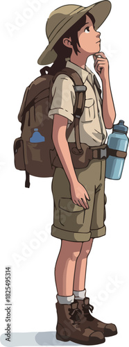 Young Explorer Pondering Adventure Outdoors with Backpack and Water Bottle