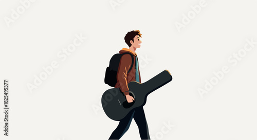 Young Man Carries Guitar Case With Backpack On White Background Pixel Art