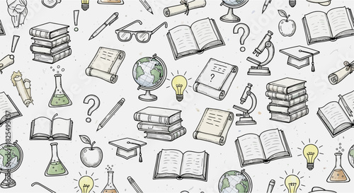 A repeating pattern of hand-drawn education elements, including books, globes, microscopes, and graduation caps, creates an academic background.