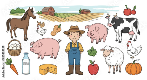 A charming illustration of a farmer surrounded by various farm animals, crops, and rural elements, depicting a peaceful countryside scene.