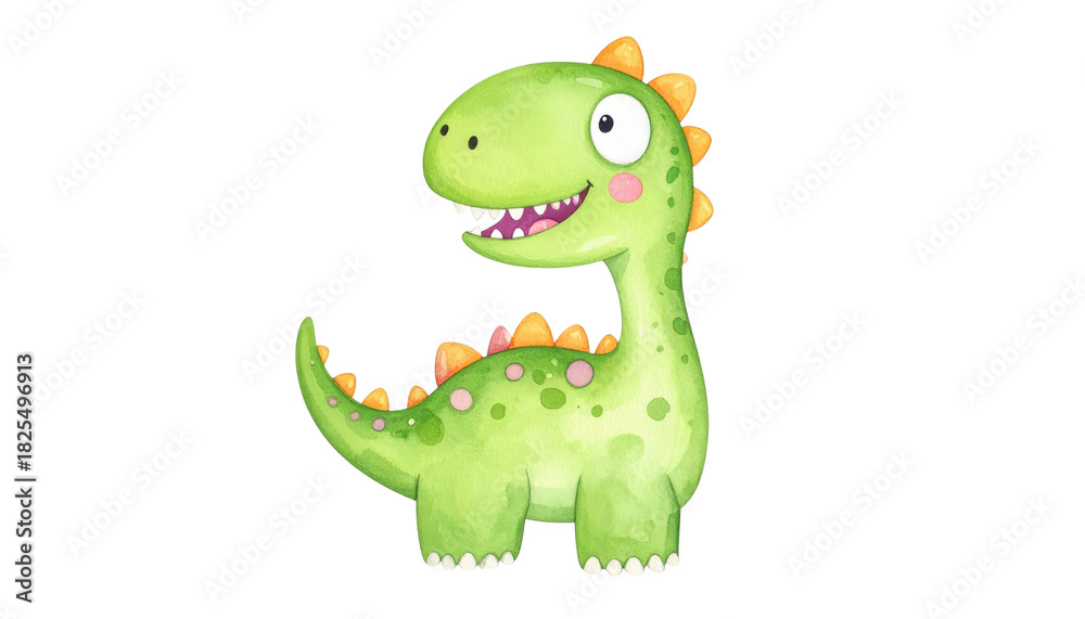 Fototapeta premium Cute green cartoon dinosaur with orange spikes and happy expression.