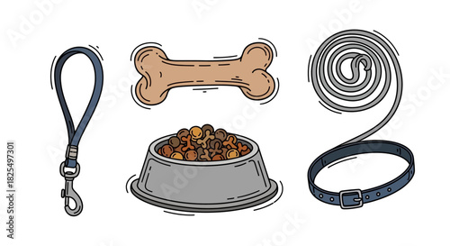 An illustrated set of pet-related items, including a leash, bone, food bowl, and collar, perfect for pet care and animal welfare.