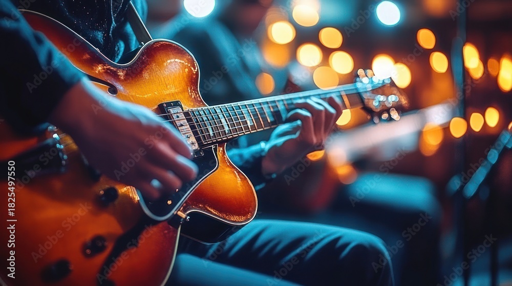 Obraz premium Close-up of hands playing a sunburst hollow-body electric guitar on a musician's lap with warm bokeh stage lights creating a soulful intimate live performance mood