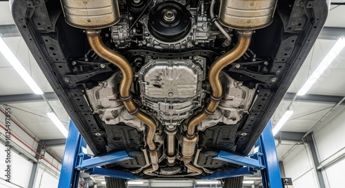 Clean car undercarriage on blue hydraulic lift, showing exhaust system, engine, and transmission in a modern auto repair shop.