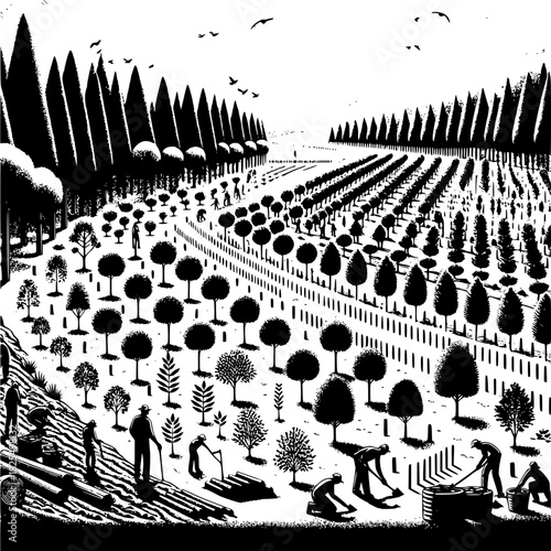 Reforestation showing landscape restoration and tree planting for carbon sequestration climate solution and ecosystem recovery
