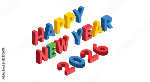 Isometric Block Happy New Year 2026 Typography – Geometric Flat Design"