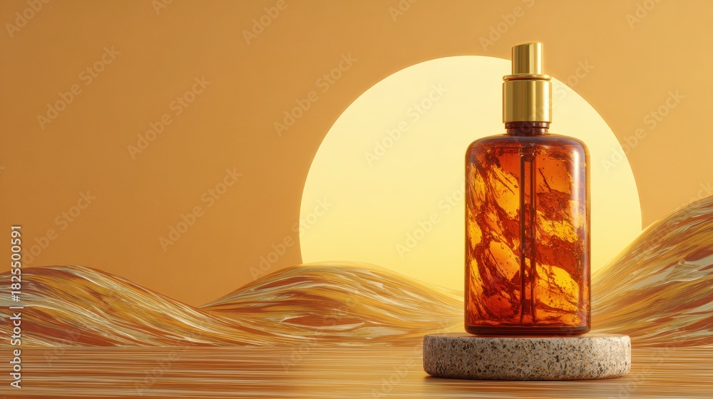 Naklejka premium Elegant Massage Oil Bottle with Golden Highlights in Minimalist Setting