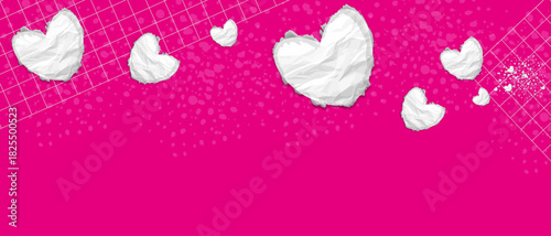 Vector background: crumpled paper hearts on a bright crimson background with a grid and splashes. Perfect for Valentine's Day cards, romantic banners, social media templates, bachelorette parties.