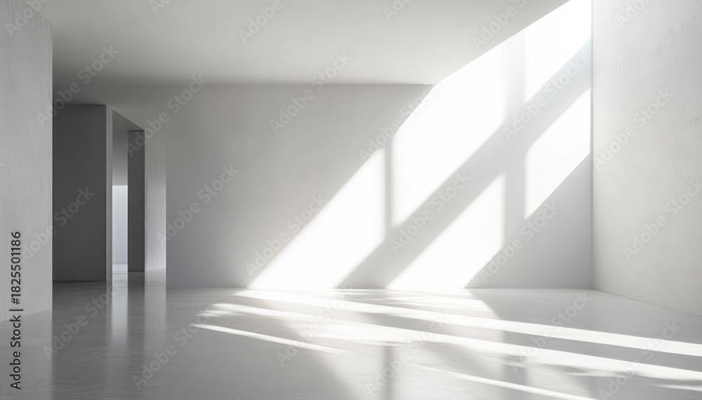 Obraz premium Minimalist empty white interior with diagonal sunlight casting geometric shadows, open doorway and reflective floor, calm serene atmosphere