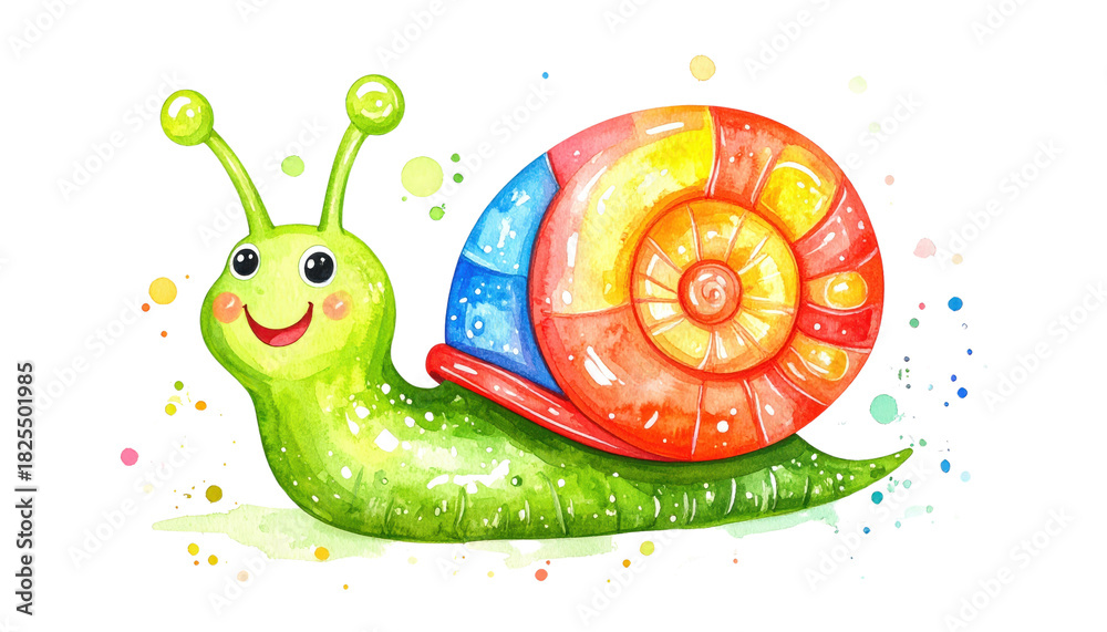 Fototapeta premium Cute watercolor snail with a vibrant colorful shell and a cheerful expression.
