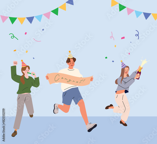 Joyful Celebration with Confetti and Party Hats