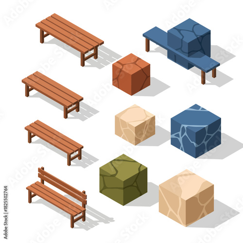 Isometric Wooden Benches and Stone Blocks Collection for Game Design.