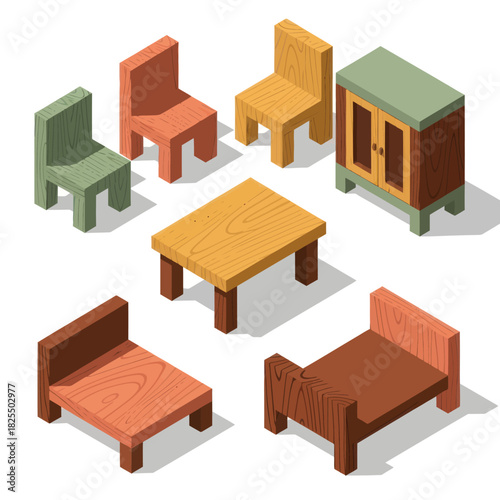 Isometric Set of Miniature Wooden Furniture Pieces.