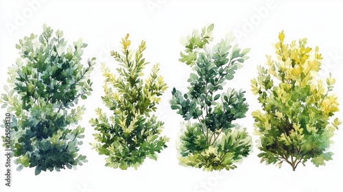 Four watercolor shrubs with varied green and yellow foliage on a white background, botanical study conveying a fresh, serene, natural mood