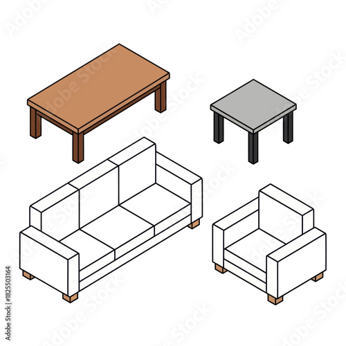 Isometric vector illustration of a living room furniture set.