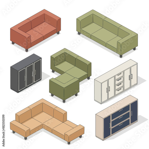 Isometric furniture collection for modern living spaces.
