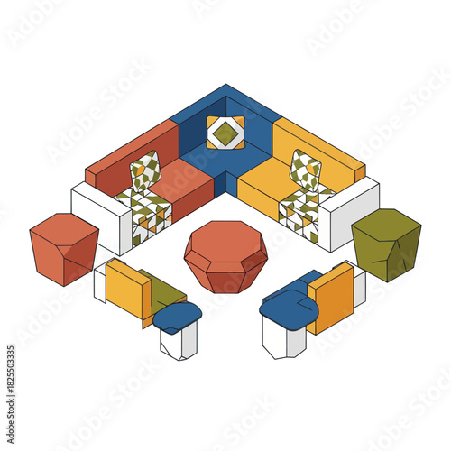Colorful modular sofa set with ottomans and table isometric view.