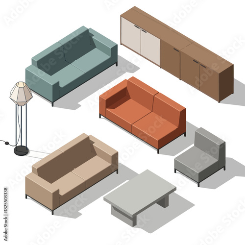 Isometric Living Room Furniture Arrangement with Sofas, Chair, Table, and Cabinet.