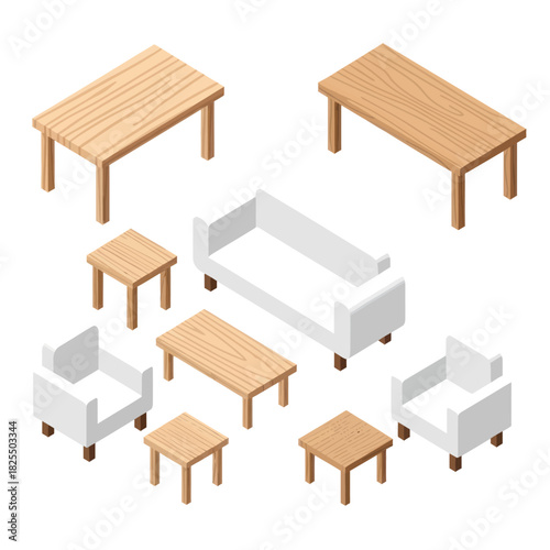 Isometric furniture set illustration with wooden tables and white sofas.