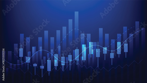 financial report and business investment. candlesticks chart with indicators show stock market trend with bar graph on blue background