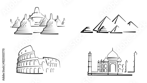 A stylized montage of iconic world wonders: Borobudur temple, pyramids, ancient arena, and the Taj Mahal, evoking travel, history, and culture through bold line art.