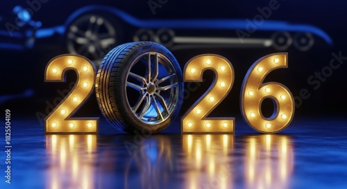 2026 New Year Automotive Banner with Wheel Zero — Blue Modern Car Service Background
