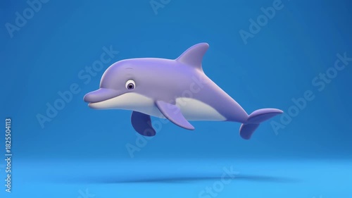 A cute purple cartoon dolphin with a friendly smile swimming in a vibrant blue underwater environment.