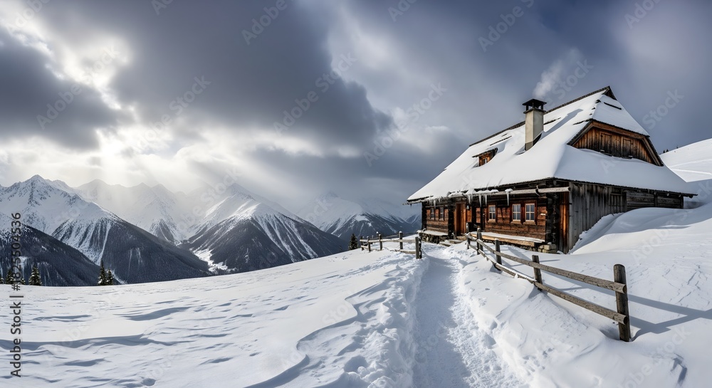Fototapeta premium Snow-Covered Wooden Cabin in Winter Mountain Landscape Under Dramatic Sky