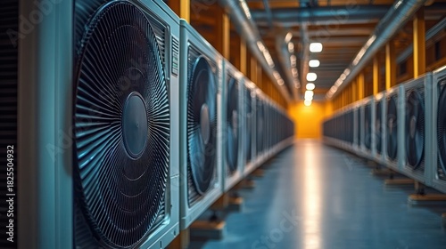 long industrial aisle lined with large cooling fans and ventilation units under metal ductwork, cool blue tones and a warm distant glow conveying precision and quiet power