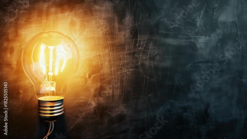 Illuminated lightbulb against dark, textured backdrop with scratches and smudges
