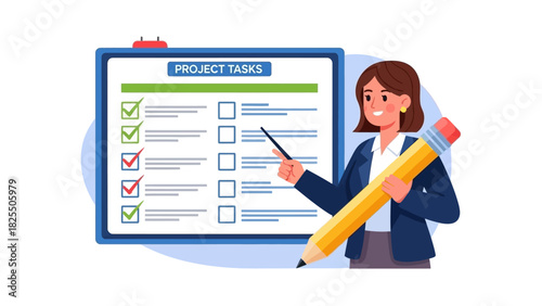 Businesswoman pointing at a project tasks checklist on a whiteboard, illustrating project management and planning in a corporate setting