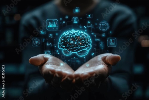 cupped human hands holding a glowing blue holographic brain surrounded by digital charts, circuitry icons and data visuals, evoking wonder, innovation and careful protection