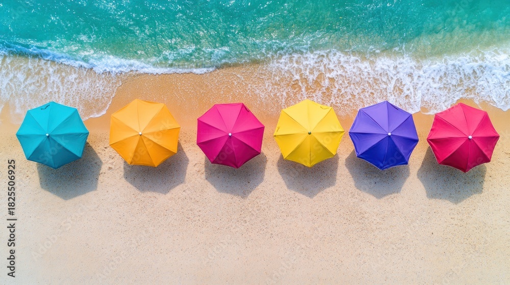 Naklejka premium Colorful beach umbrellas line a sandy shore