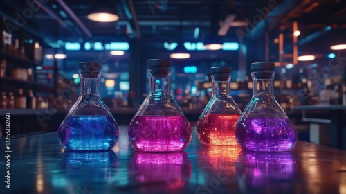 Colorful beakers in a dimly lit lab