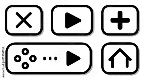 Minimalist black and white game and UI vector icons set including play, close, add, home, and controller buttons for app design