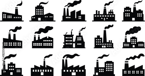 Black industrial factory icons set featuring smokestacks, manufacturing buildings, pollution silhouettes, industrial infrastructure symbols for corporate, energy,