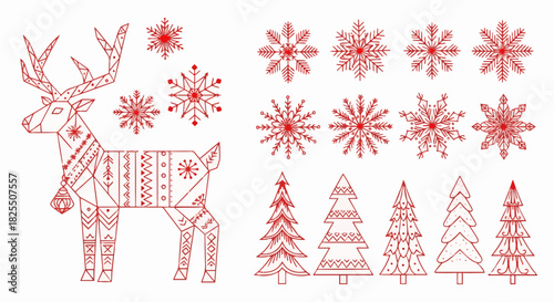 Geometric Line Art Christmas Icon Set: Reindeer, Snowflakes, and Pine Trees in Red