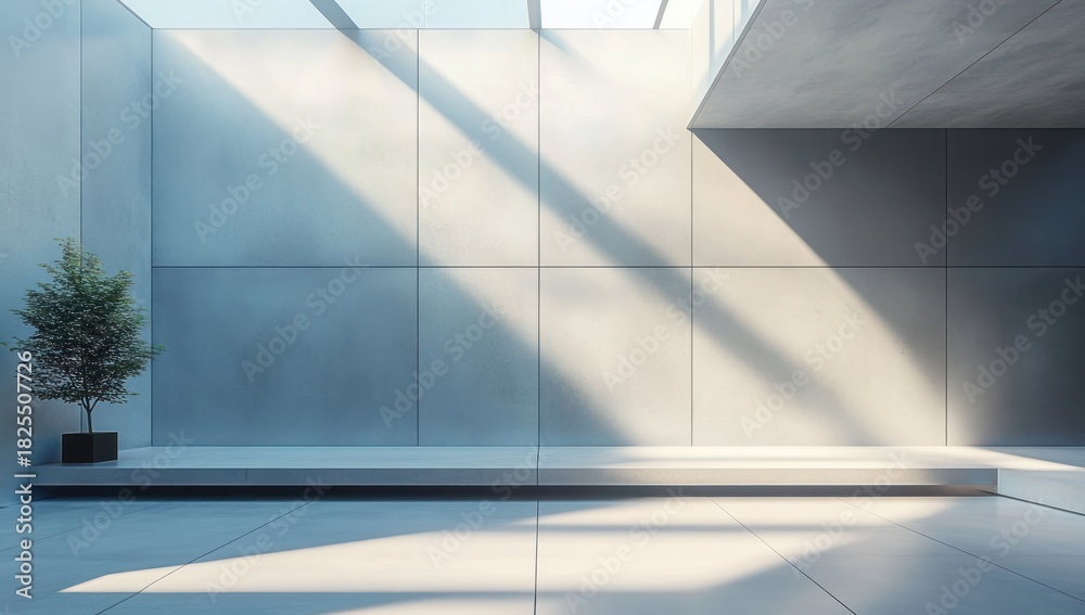 Obraz premium Minimalist sunlit concrete atrium with raised bench, single potted tree and long diagonal shadows, calm serene modern interior