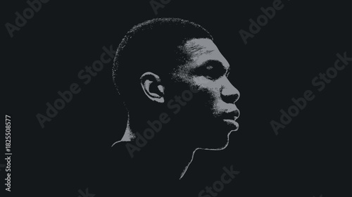 Strong contrast profile portrait of a young person, side view against a dark background, showcasing thoughtful expression in minimalist style.