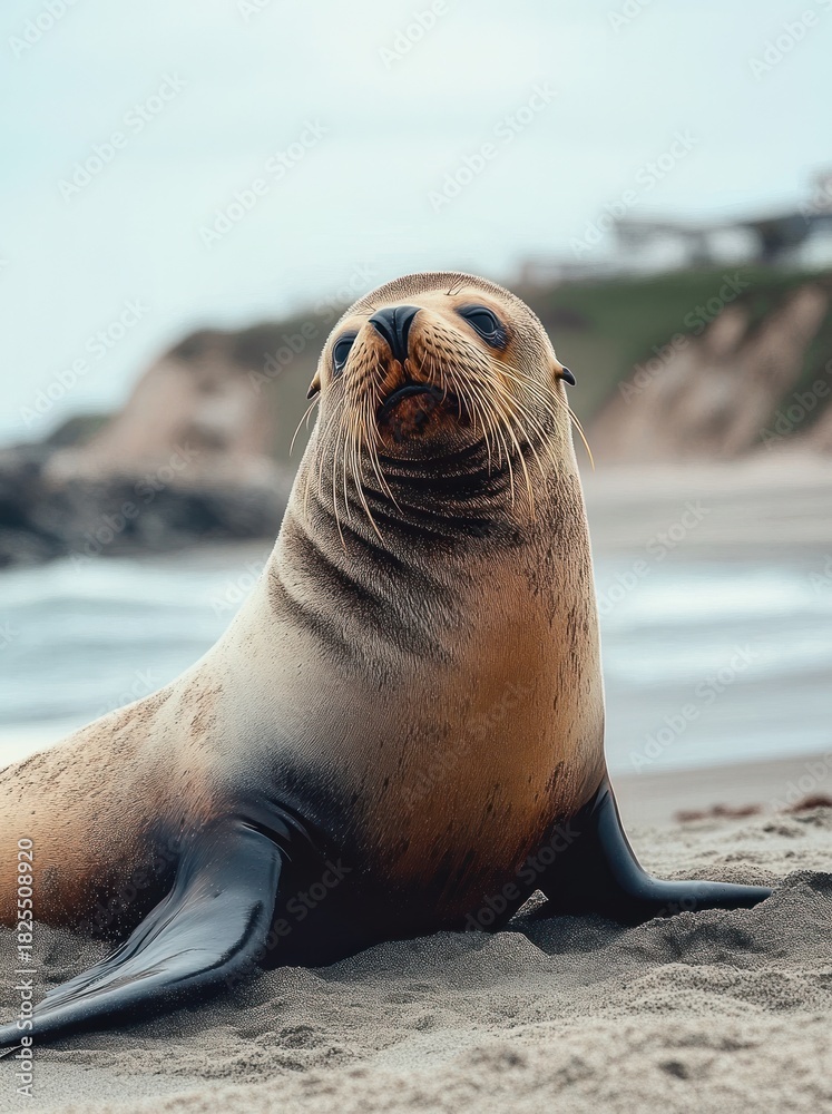 Fototapeta premium Curious sea lion resting on sandy beach, looking toward camera with whiskers, calm ocean waves and distant coastal cliffs under overcast sky