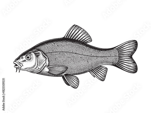 Tench Fish Monochrome Hand Drawn Illustration