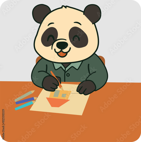 Adorable cartoon panda drawing at a desk, illustrating an educational scene for kids. Original image created with AI, then manually edited and vectorized. Perfect for educational and artistic projects