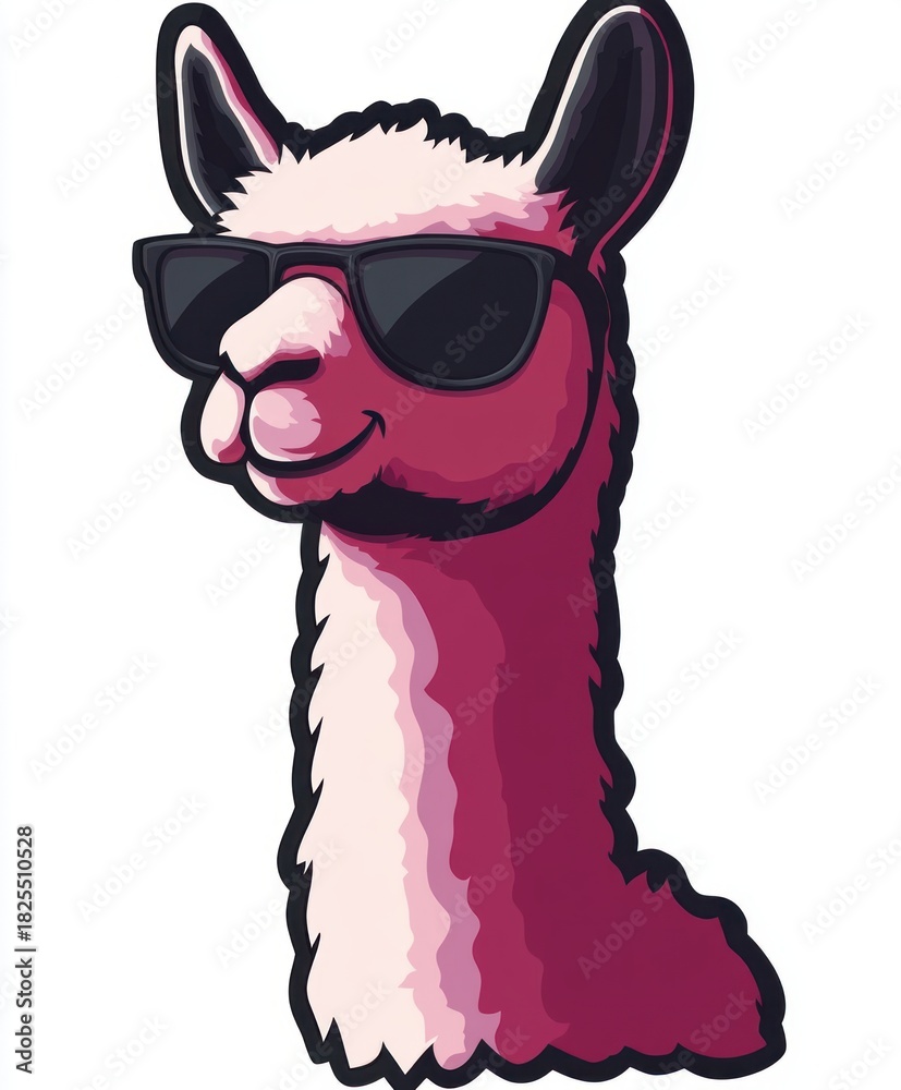 Naklejka premium stylized pink and white llama head wearing dark sunglasses, smirking confidently with a long fluffy neck and playful cool attitude