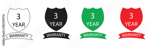 A set of four shield-shaped icons representing a three year warranty, with variations in outline, black, green, and red fill, isolated on a white background for easy integration into designs.