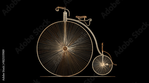 Vintage Penny-Farthing Bicycle Illustration. Classic High-Wheel Bike on Black, Retro Victorian Era Transportation Design